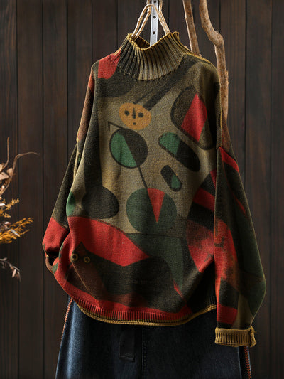 Women Autumn Vintage Print Half-Turtleneck Sweater