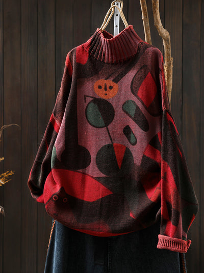 Women Autumn Vintage Print Half-Turtleneck Sweater
