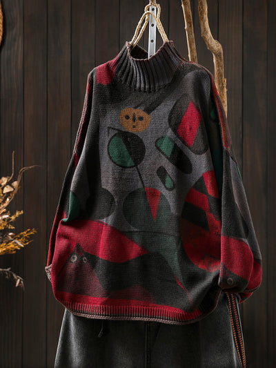 Women Autumn Vintage Print Half-Turtleneck Sweater