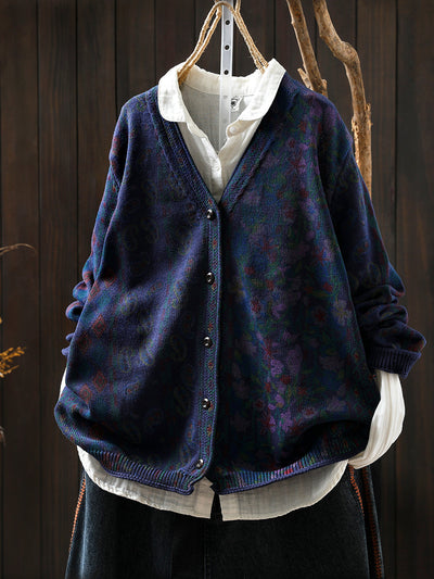 Women Autumn Flower V-Neck Knitted Sweater Coat