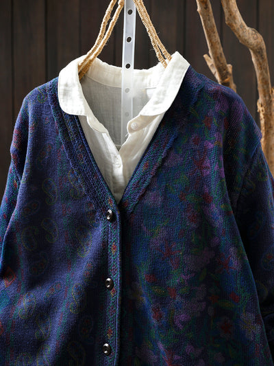 Women Autumn Flower V-Neck Knitted Sweater Coat