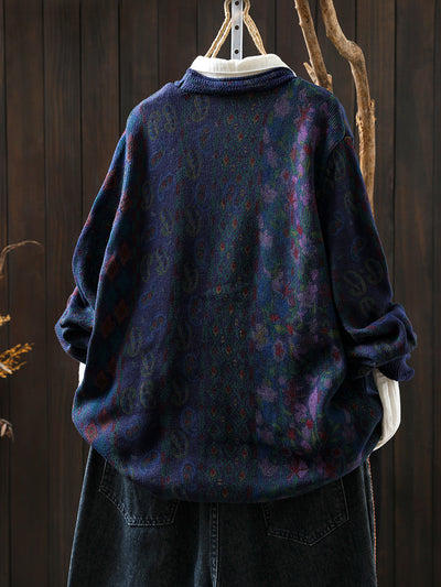 Women Autumn Flower V-Neck Knitted Sweater Coat