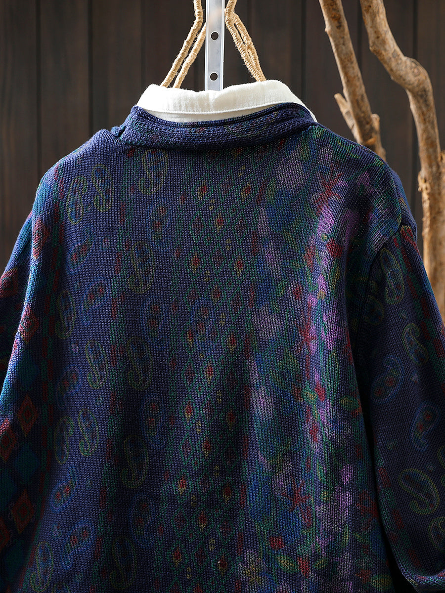 Women Autumn Flower V-Neck Knitted Sweater Coat