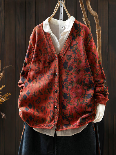 Women Autumn Flower V-Neck Knitted Sweater Coat