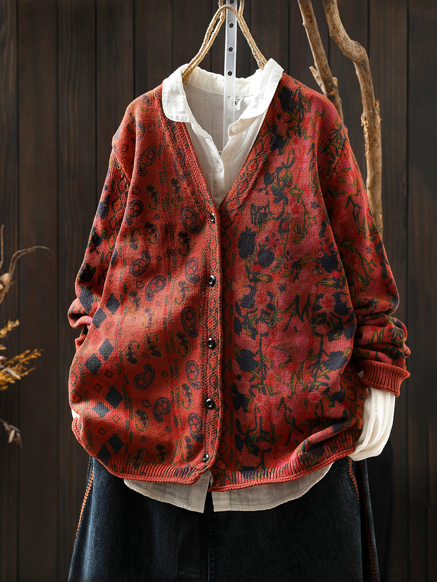 Women Autumn Flower V-Neck Knitted Sweater Coat