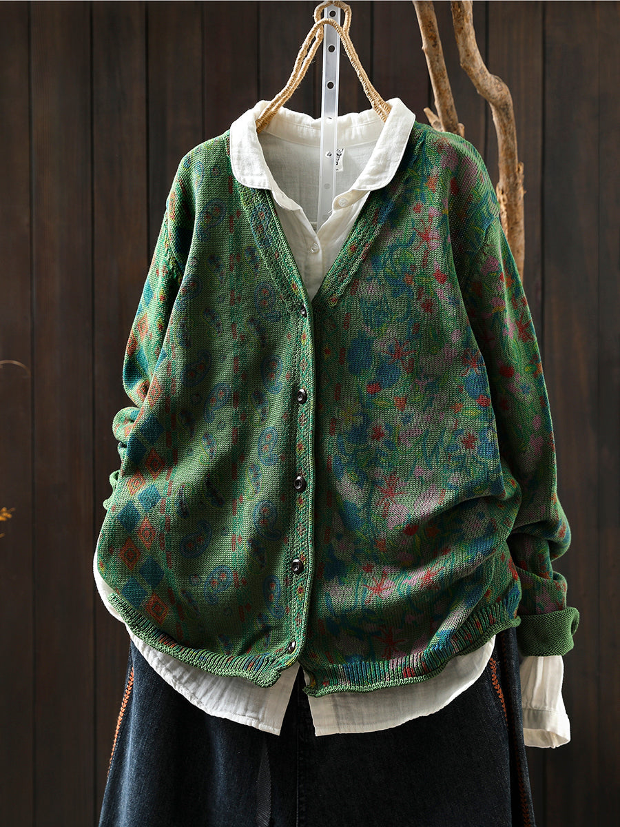 Women Autumn Flower V-Neck Knitted Sweater Coat