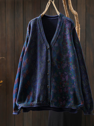 Women Autumn Flower V-Neck Knitted Sweater Coat