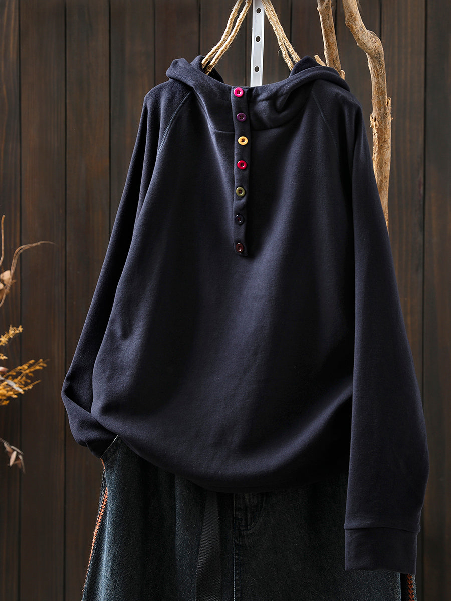 Women Autumn Casual Pure Color Cotton Hoodie