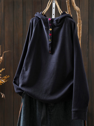 Women Autumn Casual Pure Color Cotton Hoodie