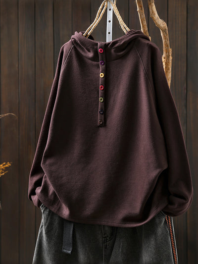 Women Autumn Casual Pure Color Cotton Hoodie