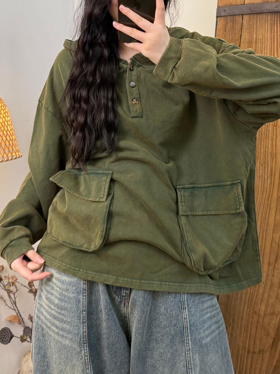 Women Autumn Vintage Pure Color Cotton Hoodie