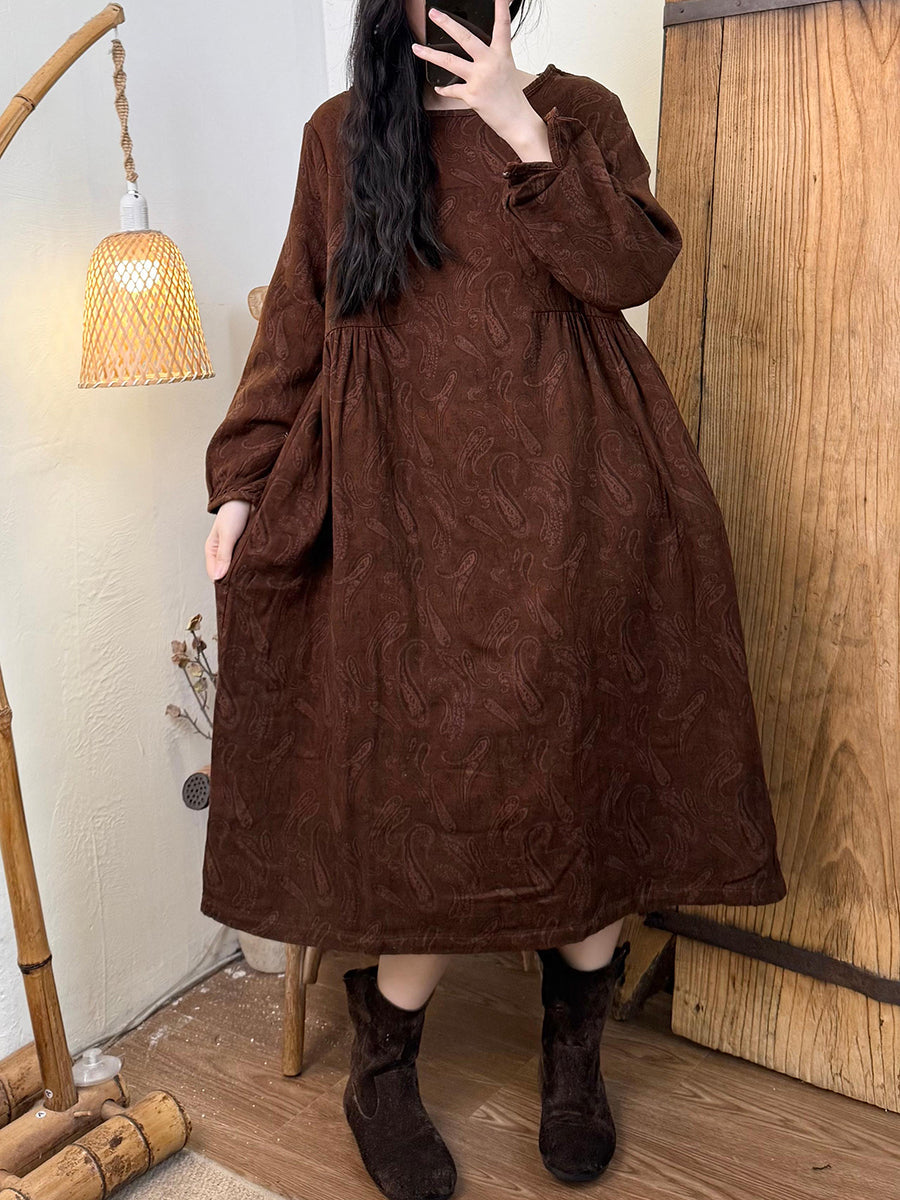 Women Autumn Vintage Flower O-Neck Cotton Dress