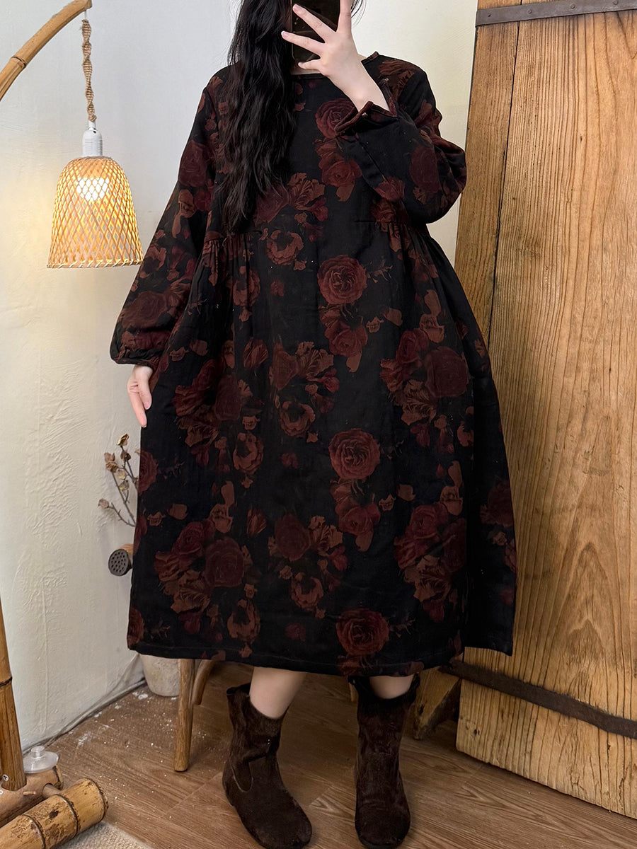 Women Autumn Vintage Flower O-Neck Cotton Dress