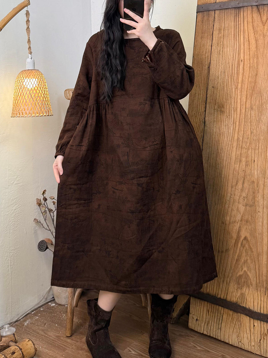 Women Autumn Vintage Flower O-Neck Cotton Dress