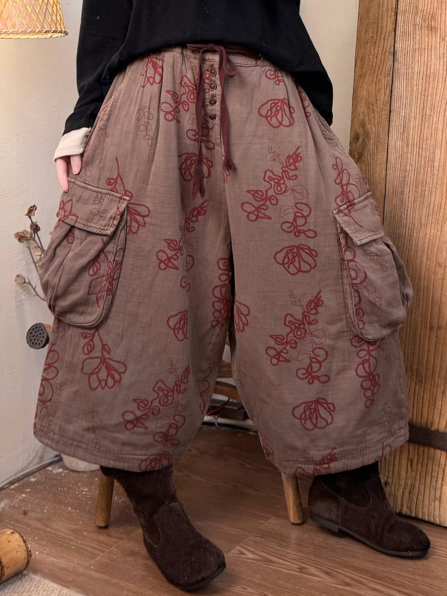 Women Autumn Retro Floral Cotton Wide-leg Pants