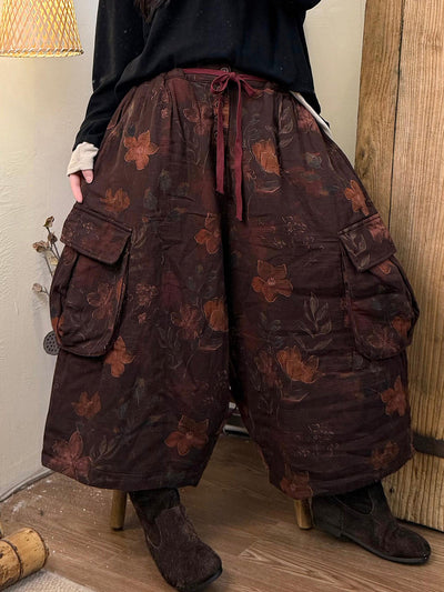Women Autumn Retro Floral Cotton Wide-leg Pants