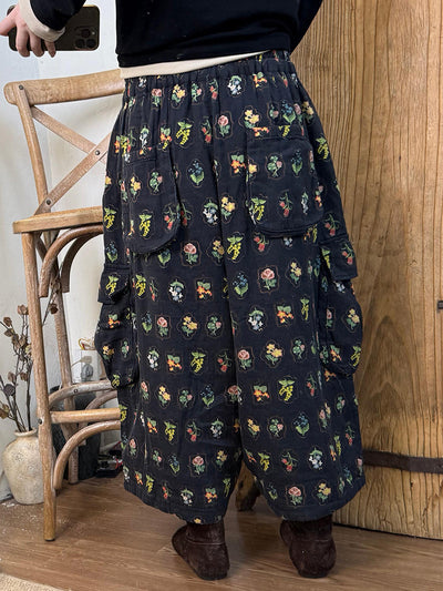 Women Autumn Retro Floral Cotton Wide-leg Pants