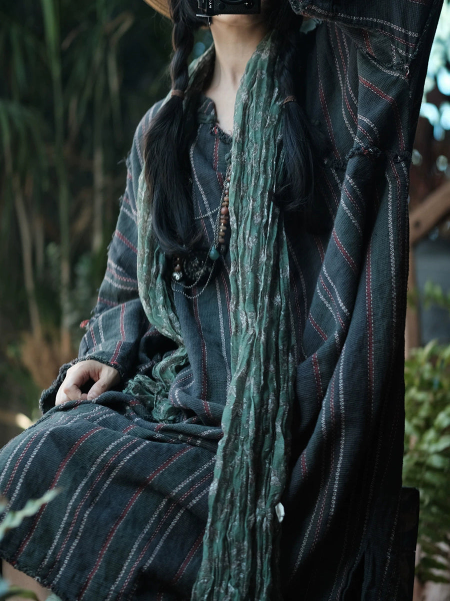 Women Autumn Retro O-Neck Stripe Dress