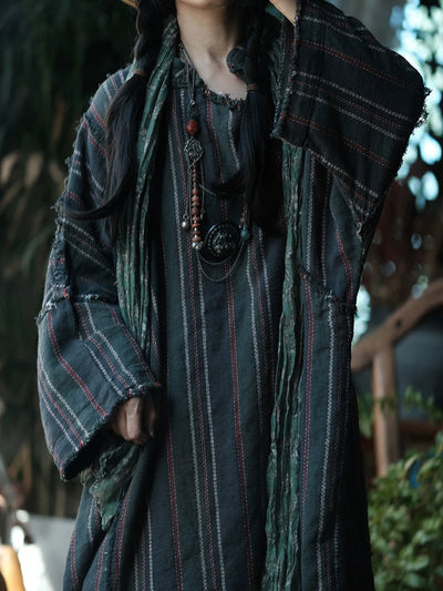 Women Autumn Retro O-Neck Stripe Dress