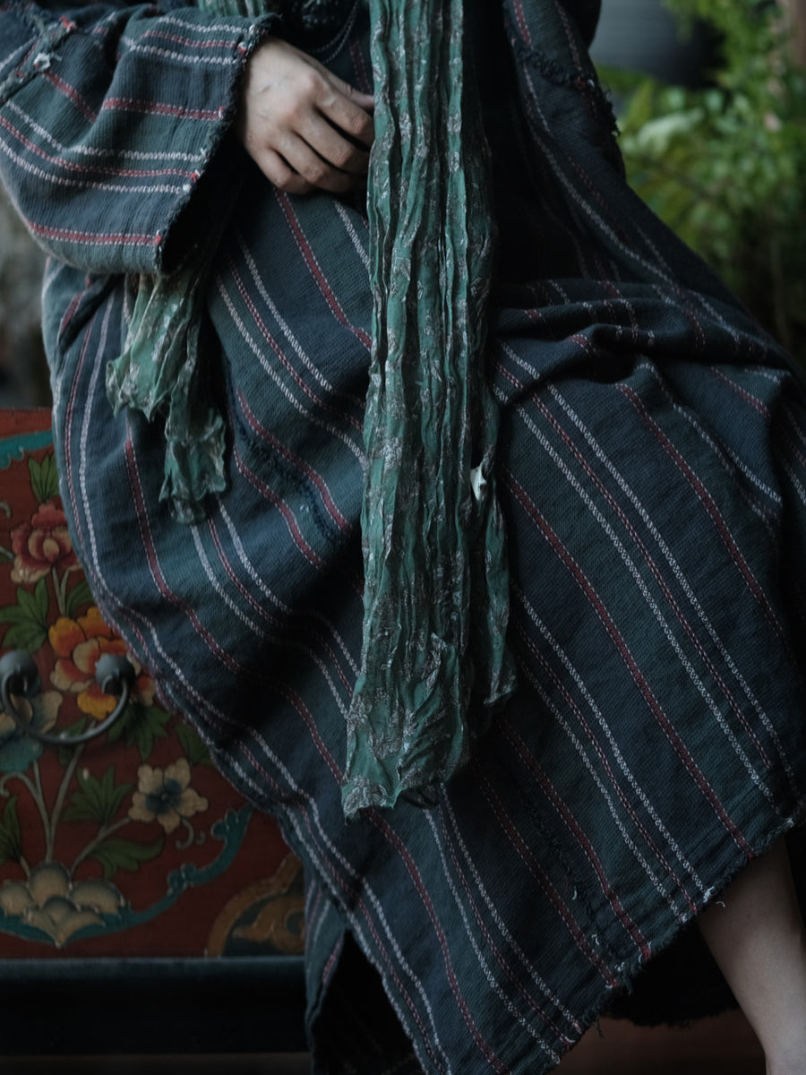 Women Autumn Retro O-Neck Stripe Dress