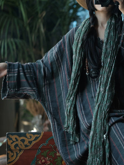 Women Autumn Retro O-Neck Stripe Dress