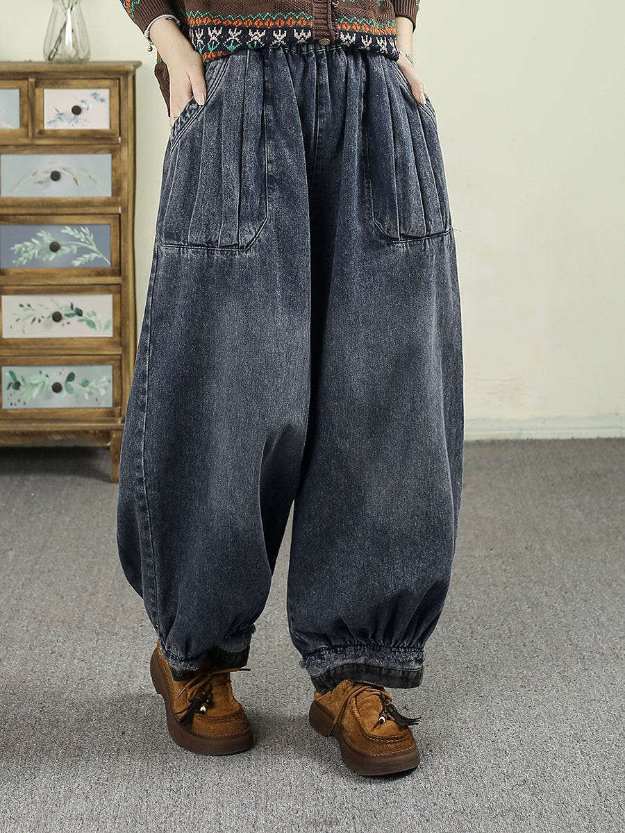Women Autumn Retro Denim Spliced Harem Pants
