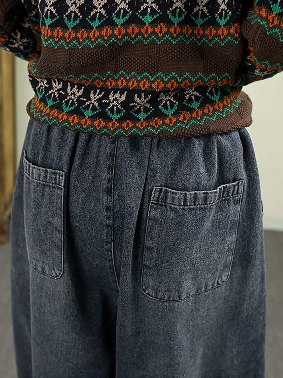 Women Autumn Retro Denim Spliced Harem Pants