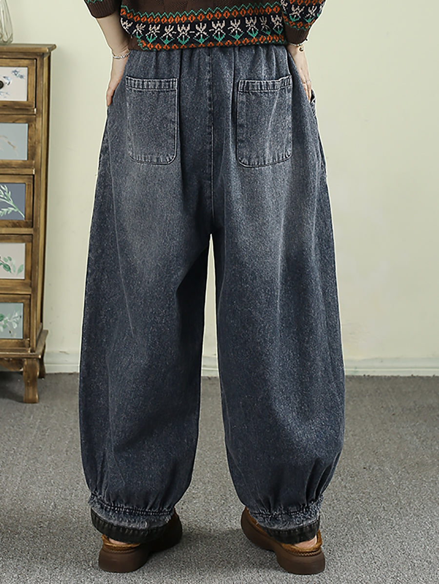 Women Autumn Retro Denim Spliced Harem Pants