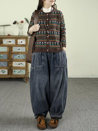 Women Autumn Retro Denim Spliced Harem Pants