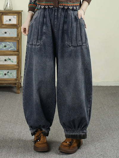 Women Autumn Retro Denim Spliced Harem Pants