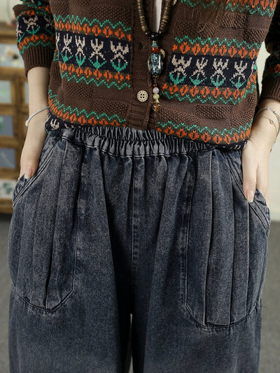 Women Autumn Retro Denim Spliced Harem Pants