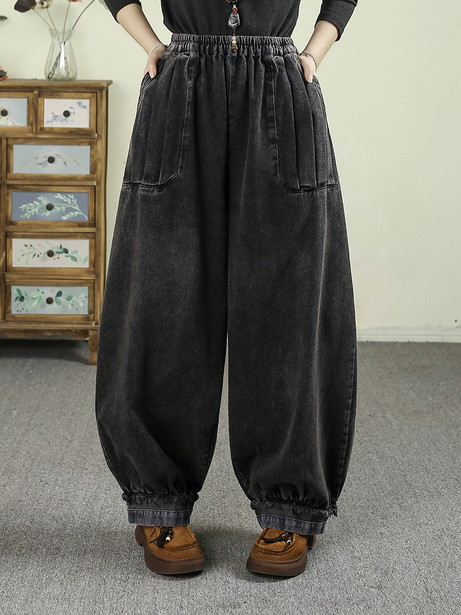 Women Autumn Retro Denim Spliced Harem Pants