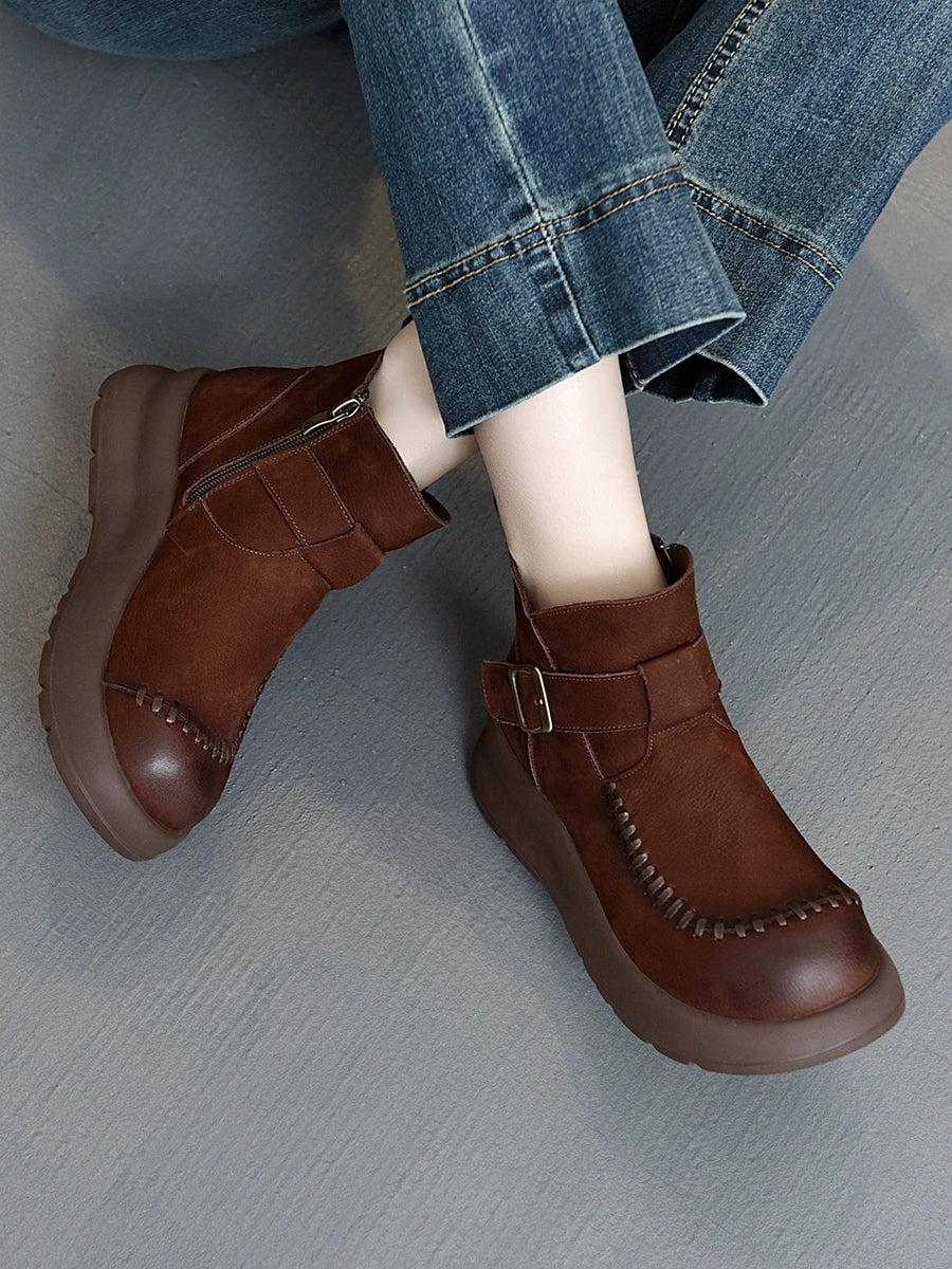 Women Vintage Pure Color Leather Plaform Ankle Boots