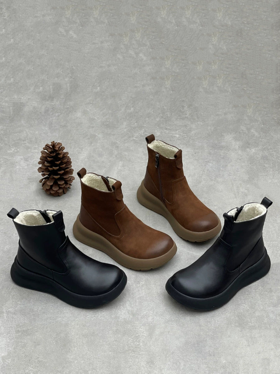 Women Vintage Genuine Leather Fleece-lined Platform Boots