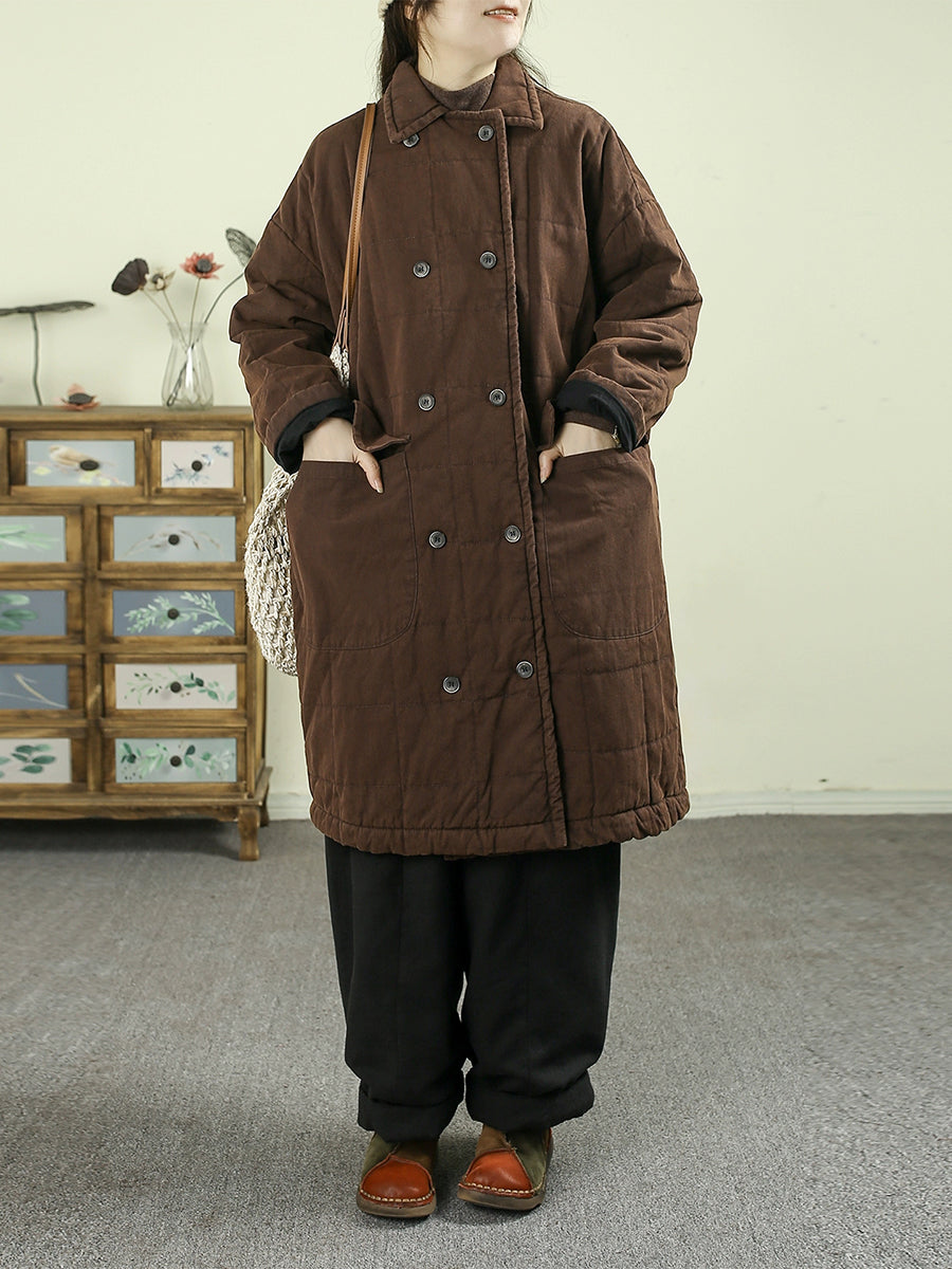 Women Autumn Vintage Pure Color Turn-down Collar Padded Coat