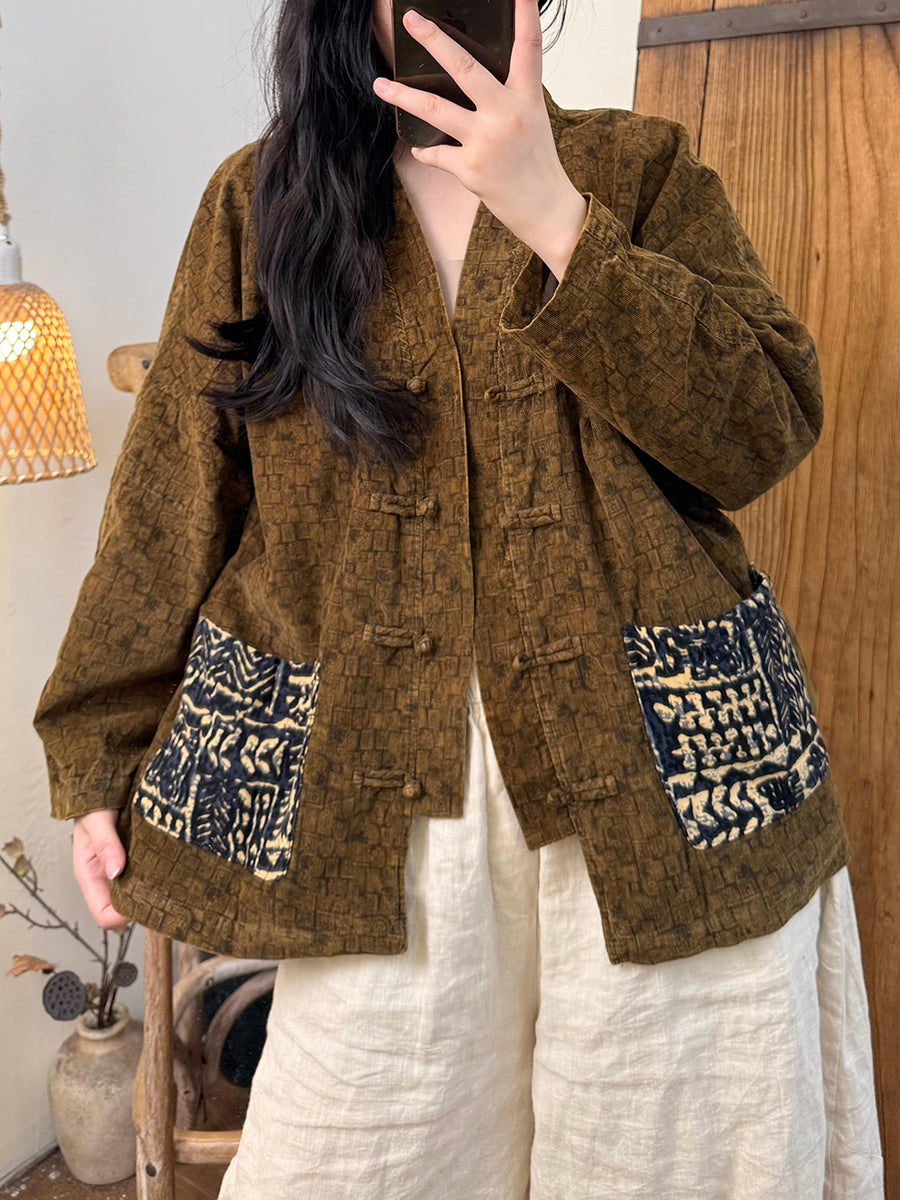 Women Vintage Autumn Pure Color Spliced V-Neck Cotton Jacket