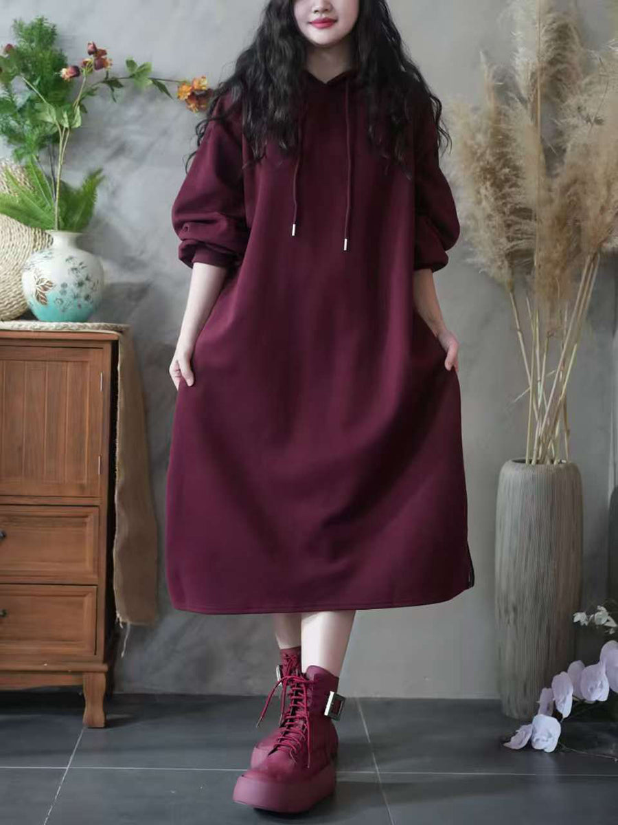Women Autumn Casual Pure Color Hooded 100%Cotton Dress