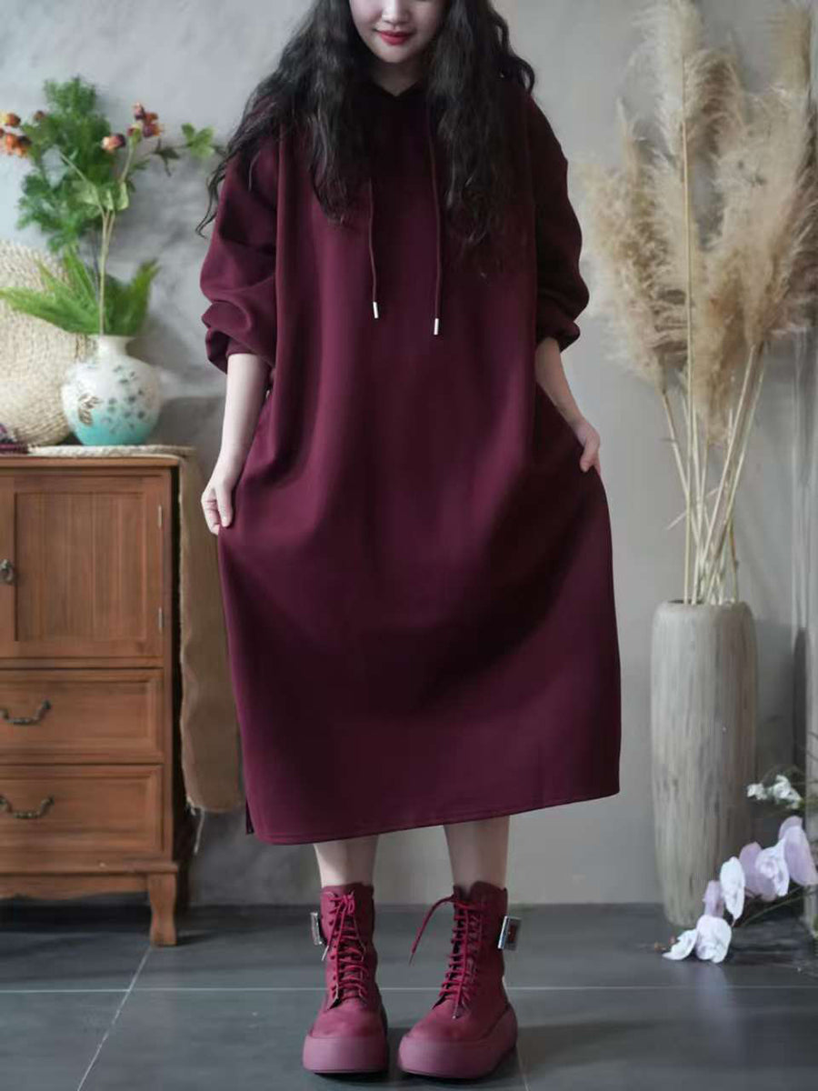 Women Autumn Casual Pure Color Hooded 100%Cotton Dress