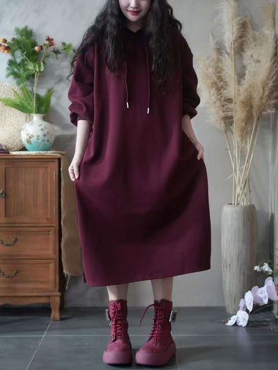Women Autumn Casual Pure Color Hooded 100%Cotton Dress