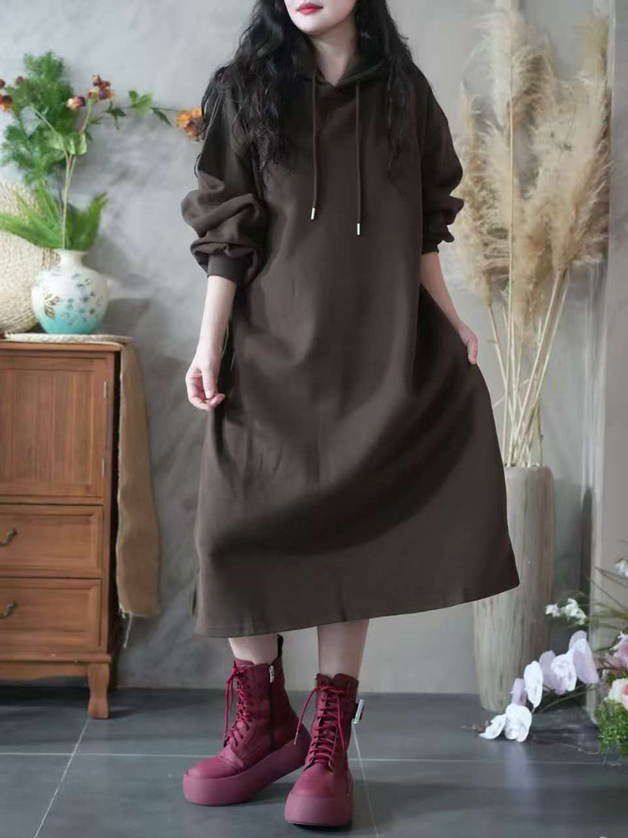 Women Autumn Casual Pure Color Hooded 100%Cotton Dress
