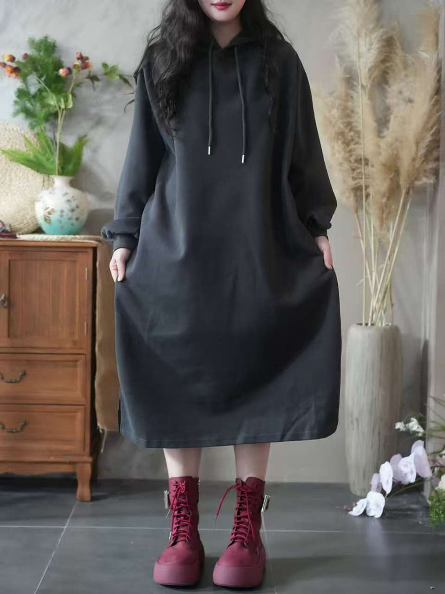 Women Autumn Casual Pure Color Hooded 100%Cotton Dress
