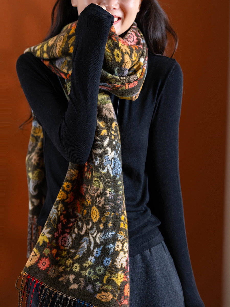 Women Winter Vintage Flower Colorblock Tassel Shawl Scarf
