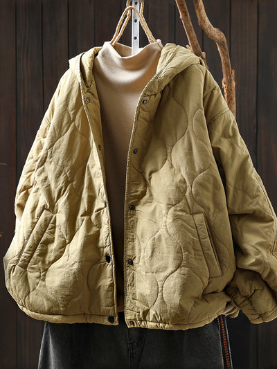 Women Autumn Casual Pure Color Hooded Padded Jacket