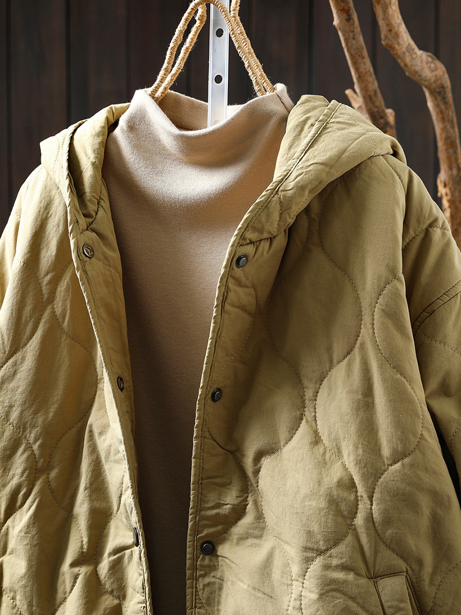 Women Autumn Casual Pure Color Hooded Padded Jacket