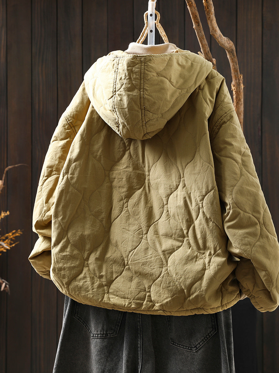 Women Autumn Casual Pure Color Hooded Padded Jacket