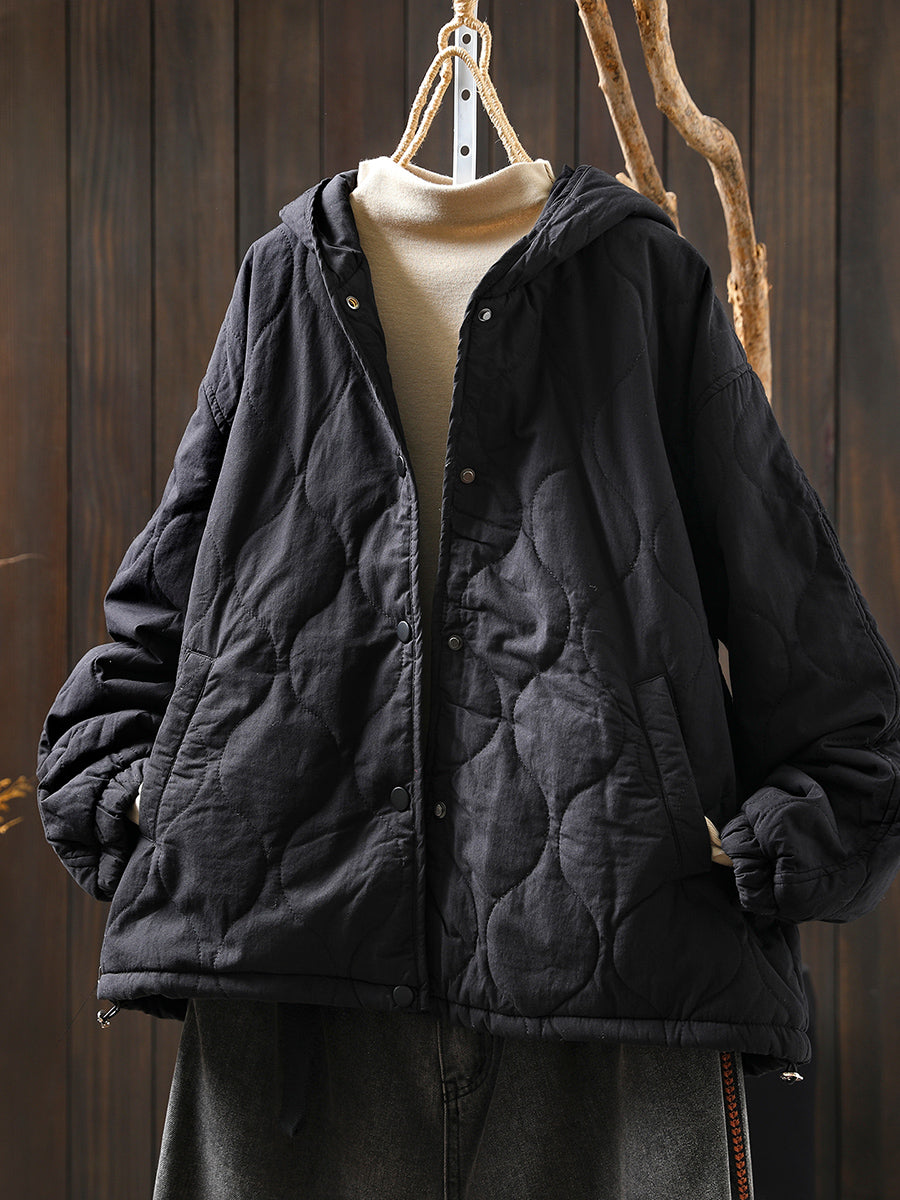 Women Autumn Casual Pure Color Hooded Padded Jacket
