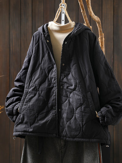 Women Autumn Casual Pure Color Hooded Padded Jacket