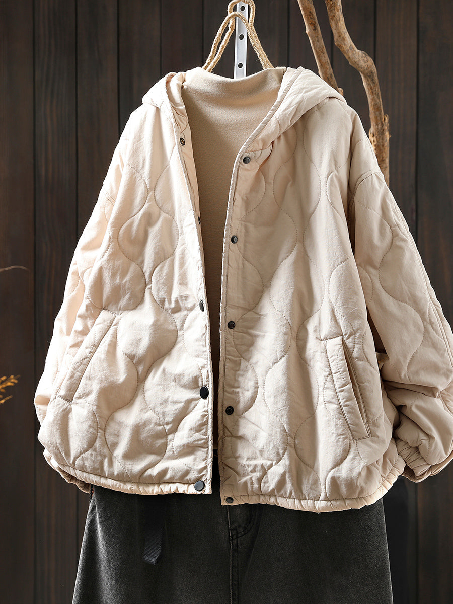 Women Autumn Casual Pure Color Hooded Padded Jacket