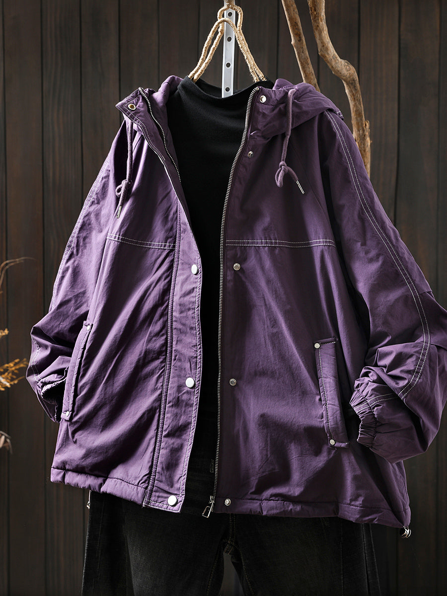 Women Autumn Retro Pure Color Hooded Padded Jacket