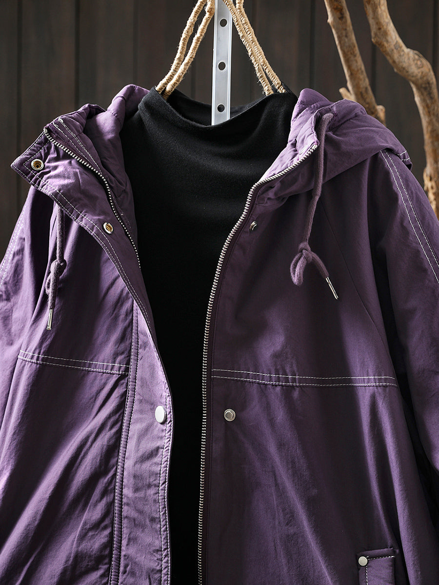 Women Autumn Retro Pure Color Hooded Padded Jacket